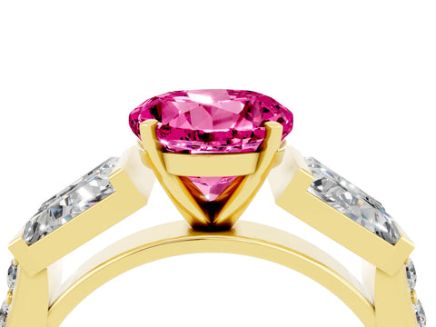Yellow gold Round Cut Pink Sapphire Engagement Ring with Baguette Side Stones and Channel Set Band_4