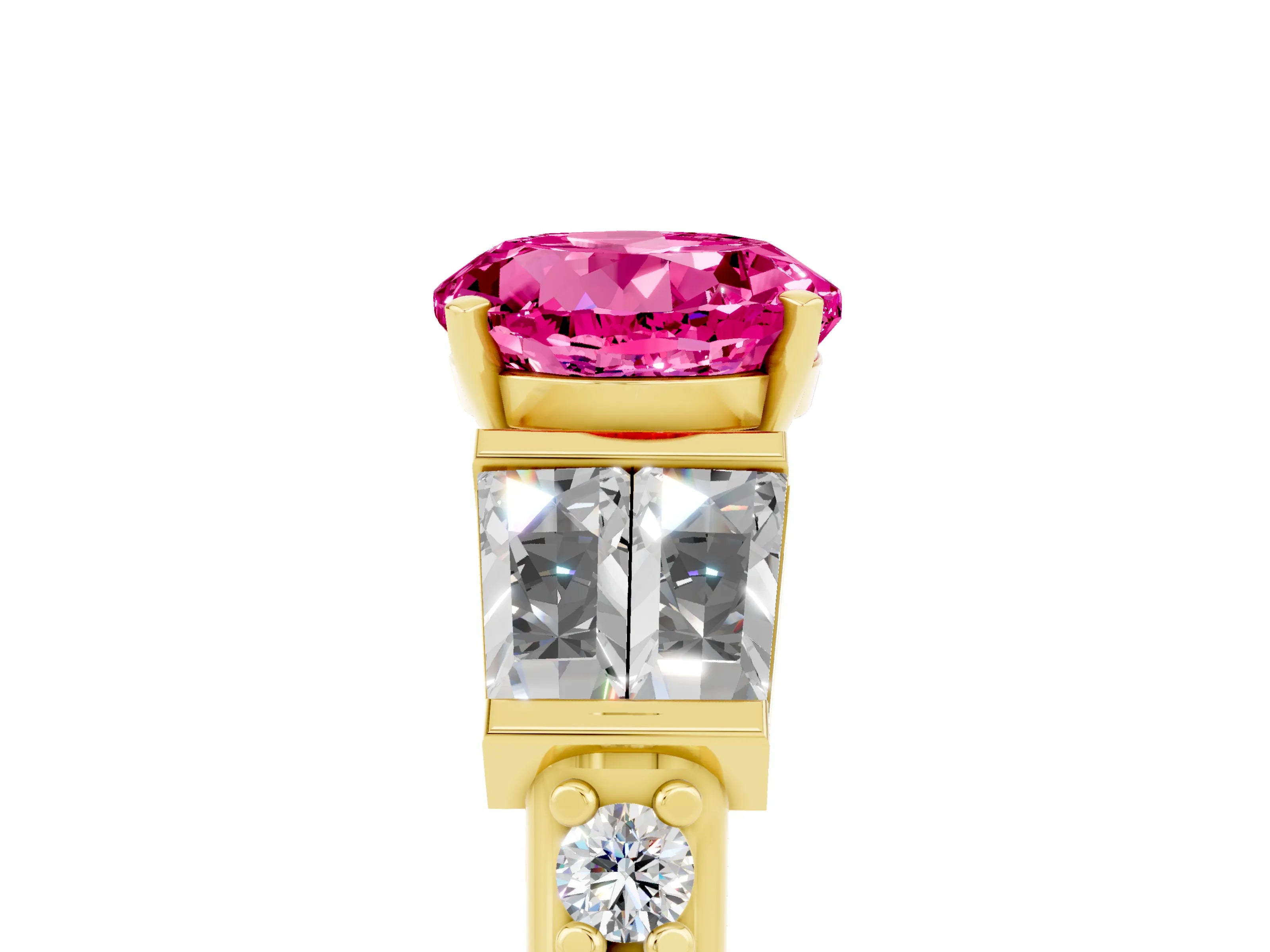Yellow gold Round Cut Pink Sapphire Engagement Ring with Baguette Side Stones and Channel Set Band_5