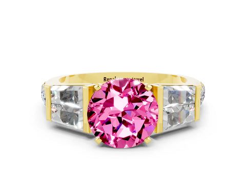 Yellow gold Round Cut Pink Sapphire Engagement Ring with Baguette Side Stones and Channel Set Band