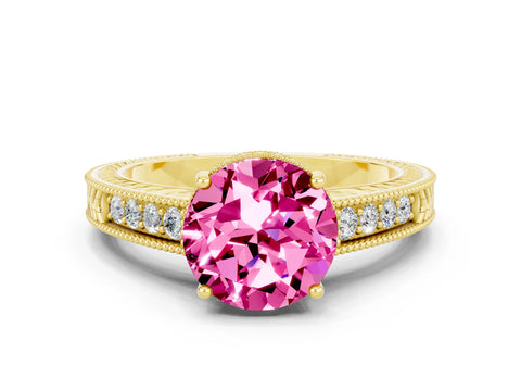 Yellow gold Round Cut Pink Sapphire Engagement Ring with Milgrain Channel Set Band and Prong Setting_24