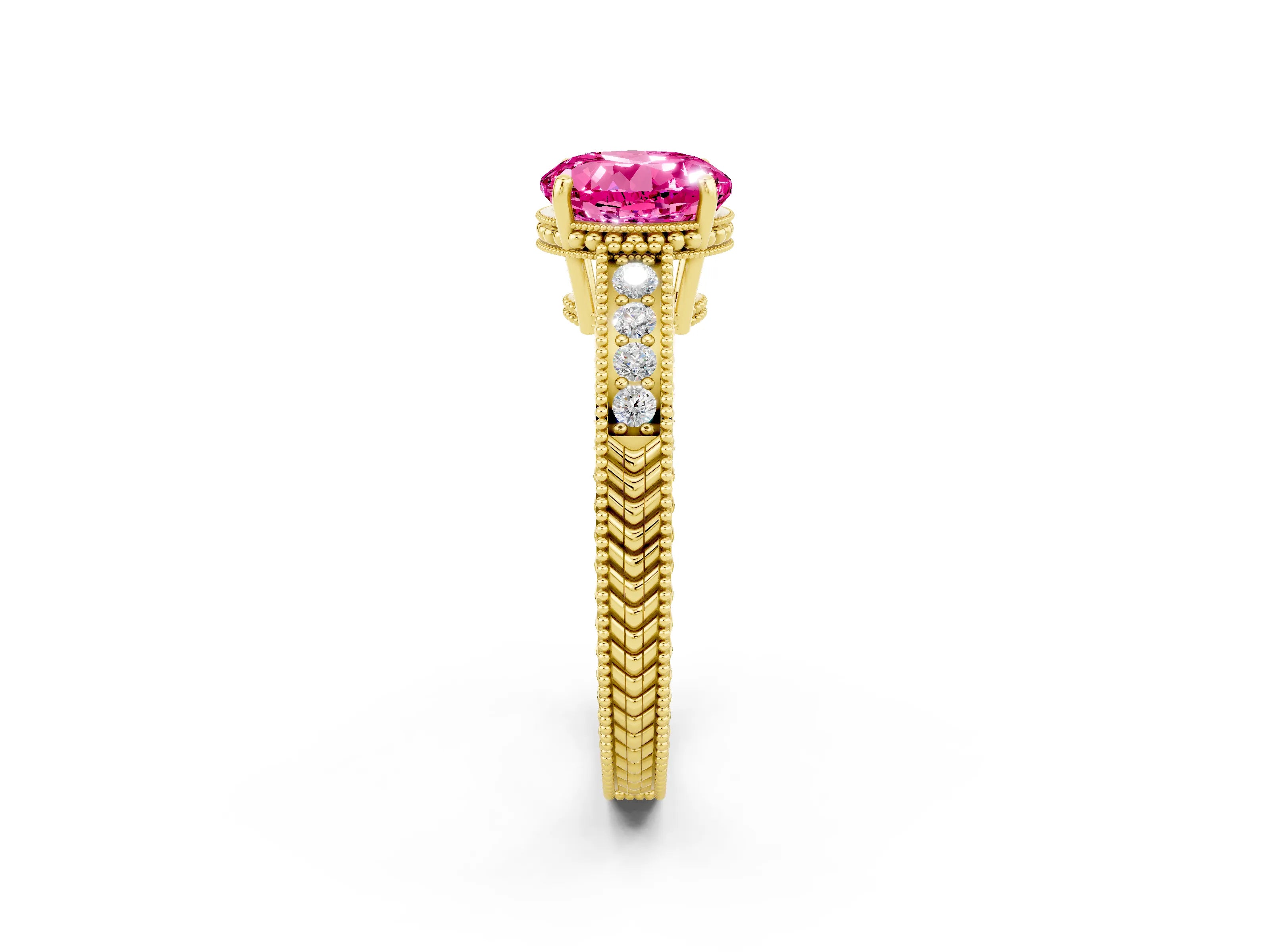 Yellow gold Round Cut Pink Sapphire Engagement Ring with Milgrain Channel Set Band and Prong Setting_26
