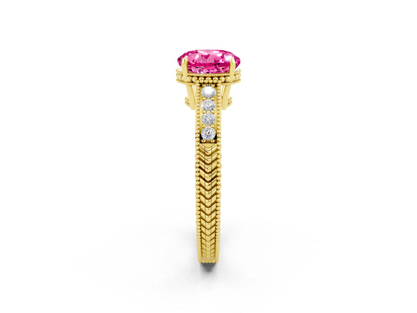 Yellow gold Round Cut Pink Sapphire Engagement Ring with Milgrain Channel Set Band and Prong Setting