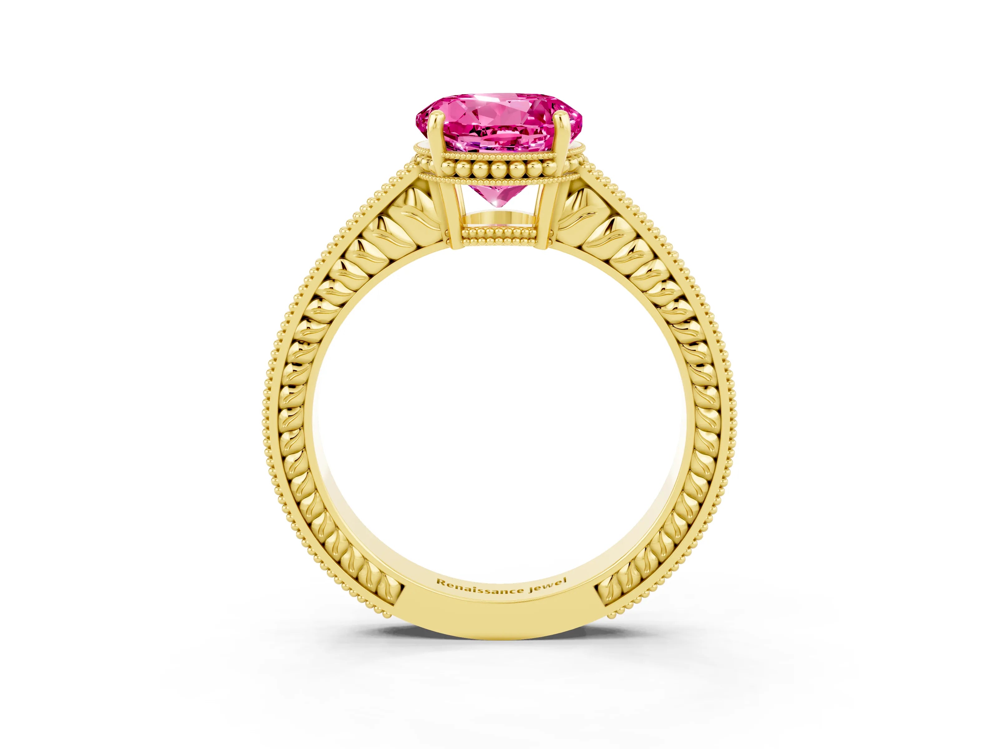 Yellow gold Round Cut Pink Sapphire Engagement Ring with Milgrain Channel Set Band and Prong Setting_27