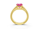 Yellow gold Round Cut Pink Sapphire Engagement Ring with Milgrain Channel Set Band and Prong Setting_27