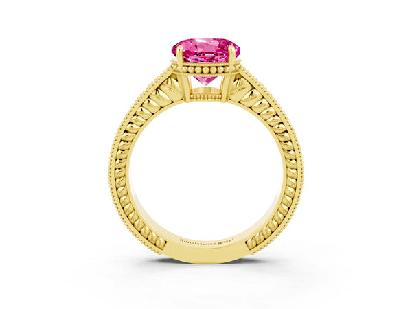 Yellow gold Round Cut Pink Sapphire Engagement Ring with Milgrain Channel Set Band and Prong Setting