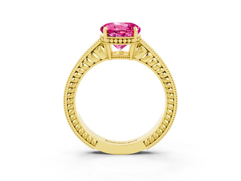 Yellow gold Round Cut Pink Sapphire Engagement Ring with Milgrain Channel Set Band and Prong Setting_27