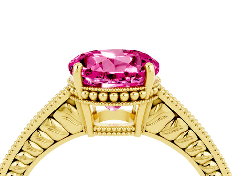Yellow gold Round Cut Pink Sapphire Engagement Ring with Milgrain Channel Set Band and Prong Setting_28