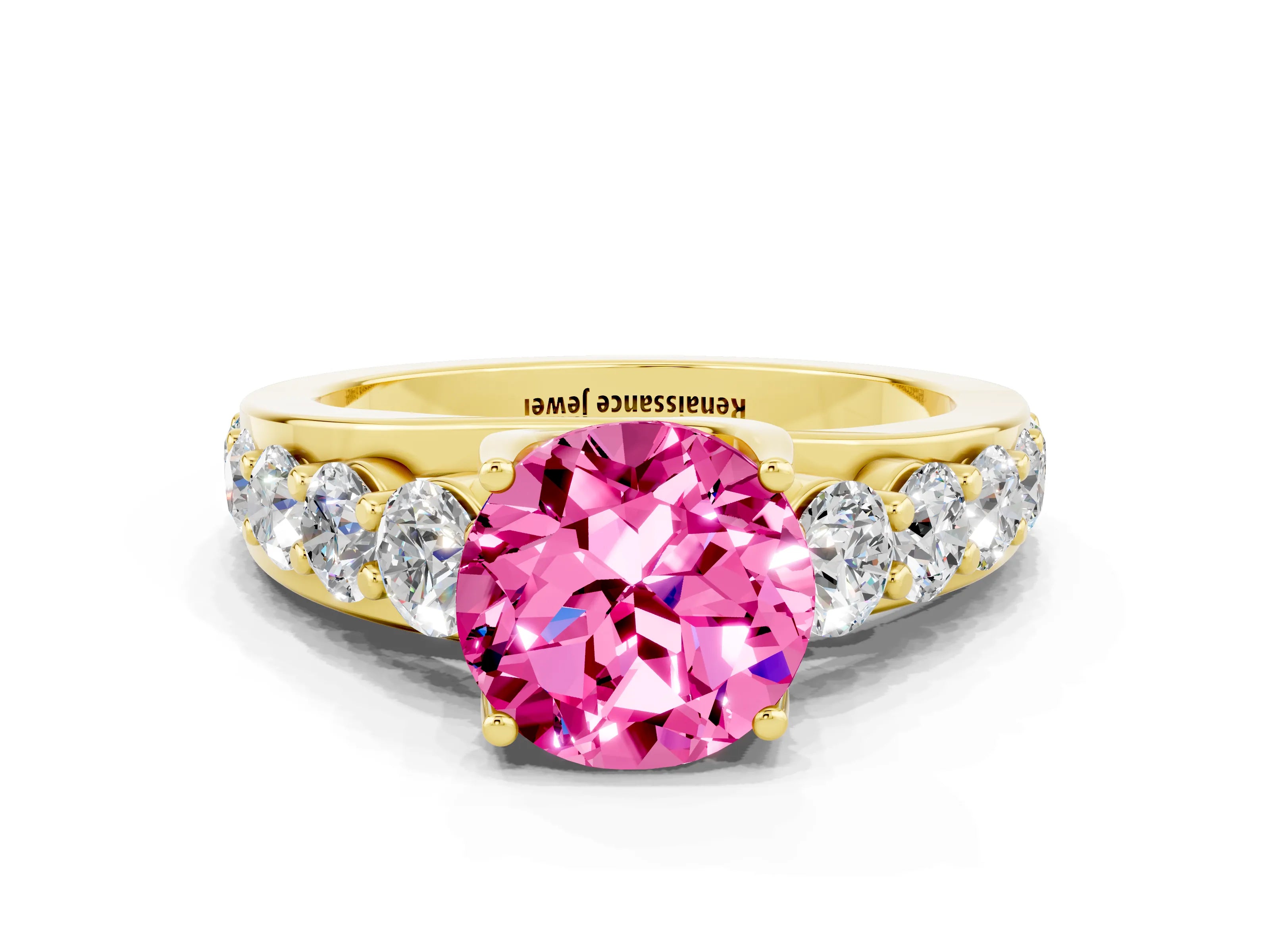 Yellow gold Round Cut Pink Sapphire Engagement Ring with Pavé Band and Four-Prong Setting