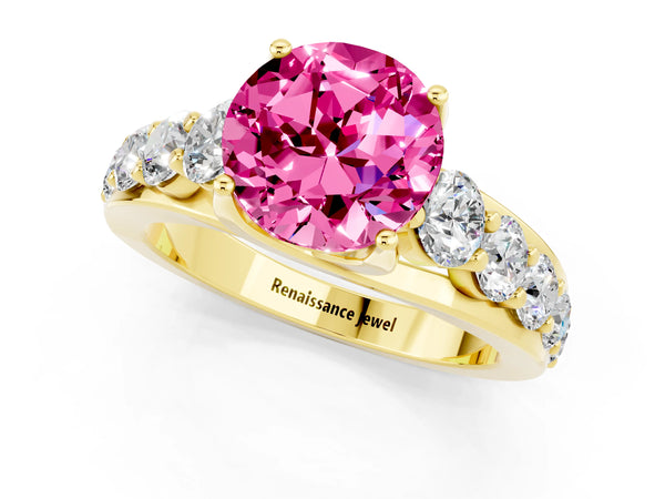 Yellow gold Round Cut Pink Sapphire Engagement Ring with Pavé Band and Four-Prong Setting
