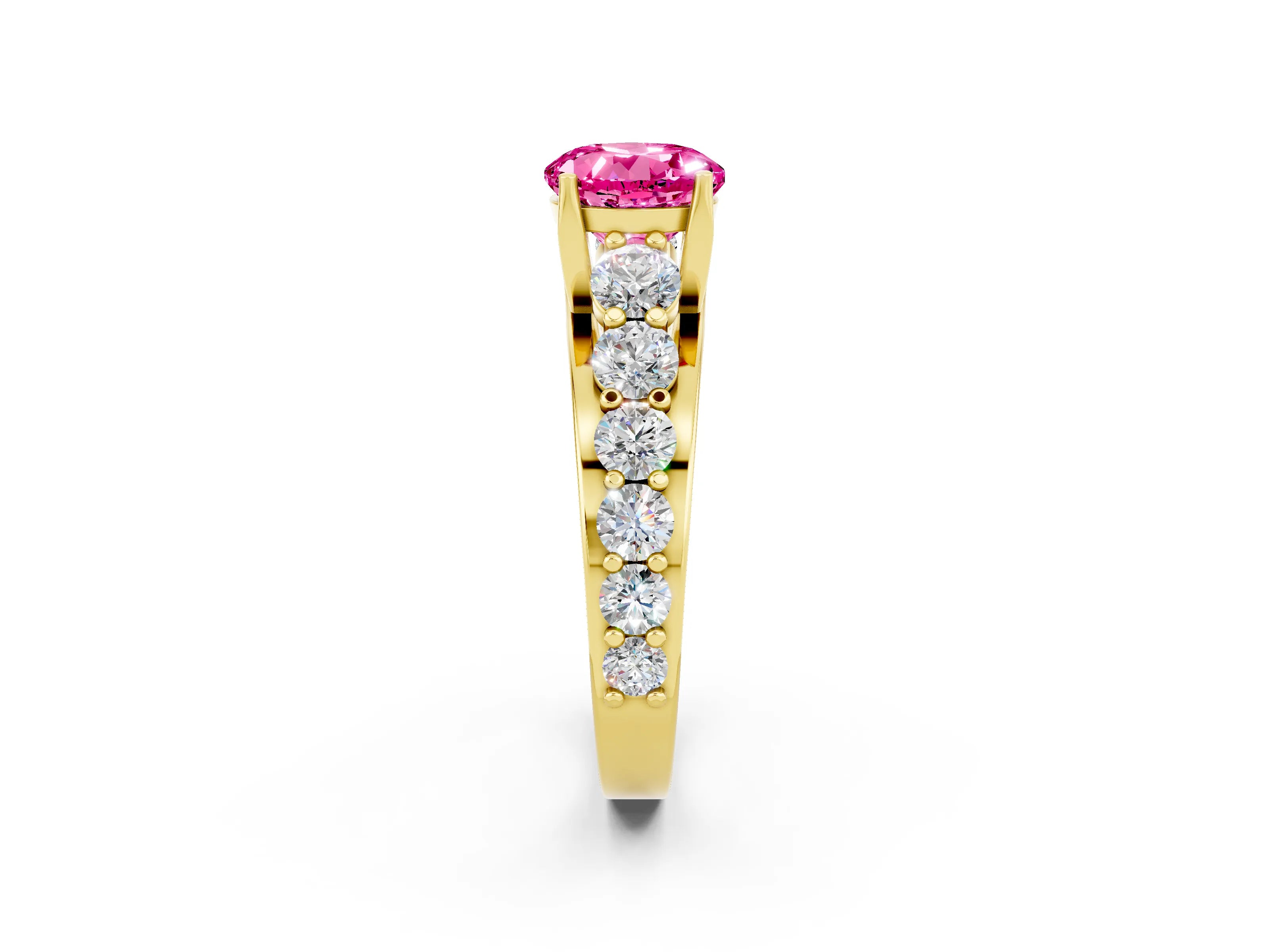 Yellow gold Round Cut Pink Sapphire Engagement Ring with Pavé Band and Four-Prong Setting_2