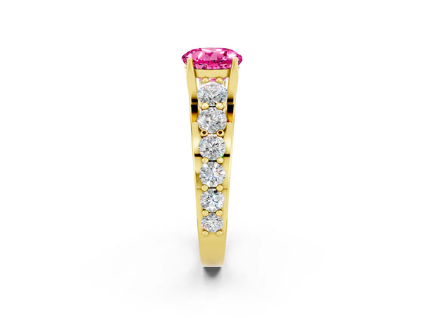 Yellow gold Round Cut Pink Sapphire Engagement Ring with Pavé Band and Four-Prong Setting