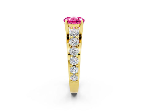 Yellow gold Round Cut Pink Sapphire Engagement Ring with Pavé Band and Four-Prong Setting_2
