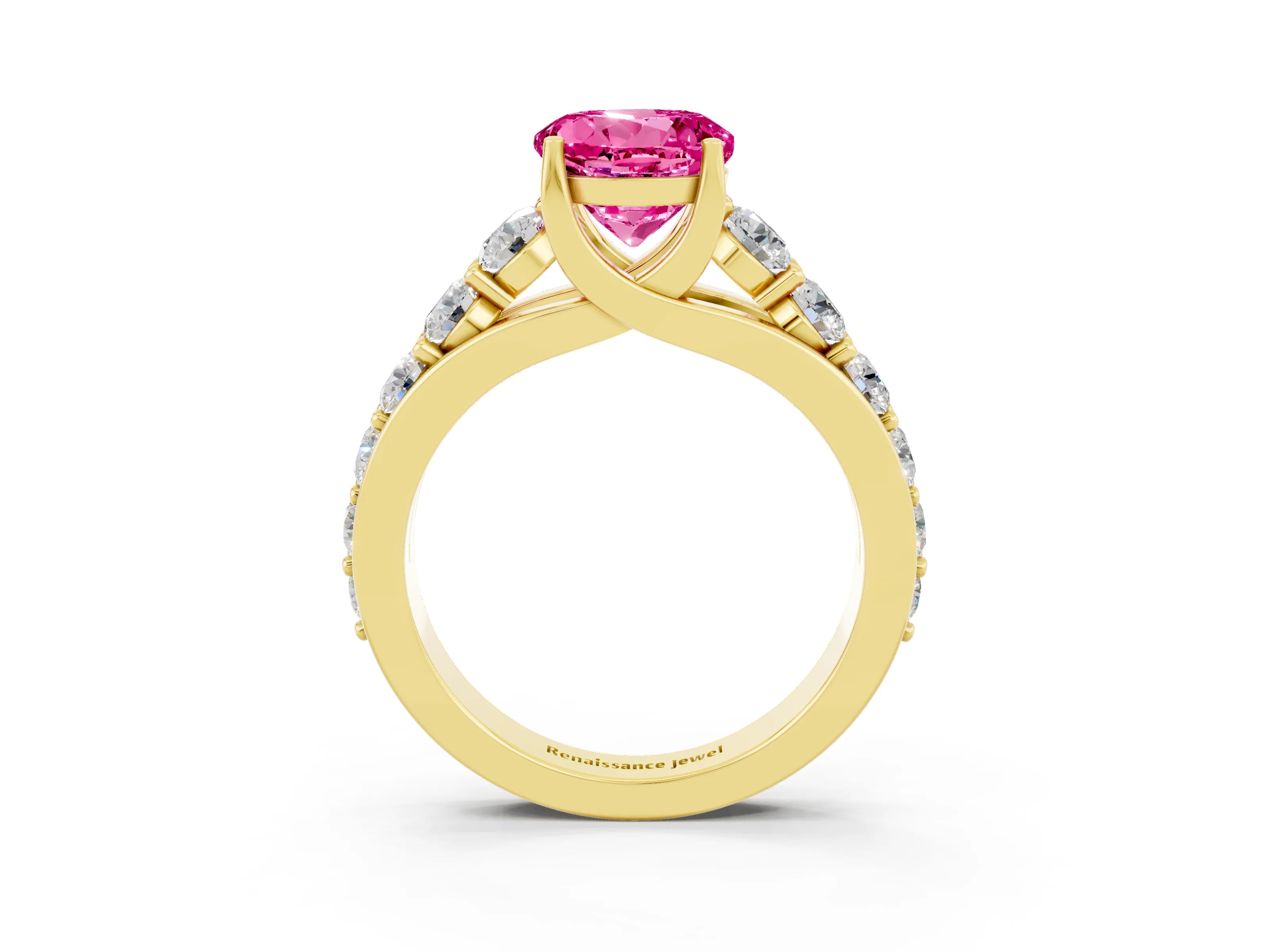 Yellow gold Round Cut Pink Sapphire Engagement Ring with Pavé Band and Four-Prong Setting_3