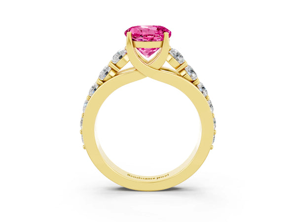 Yellow gold Round Cut Pink Sapphire Engagement Ring with Pavé Band and Four-Prong Setting
