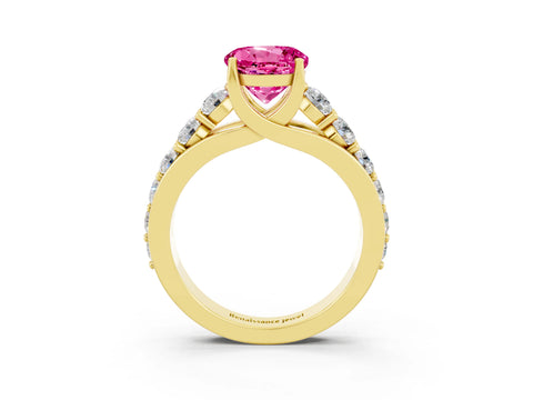 Yellow gold Round Cut Pink Sapphire Engagement Ring with Pavé Band and Four-Prong Setting_3