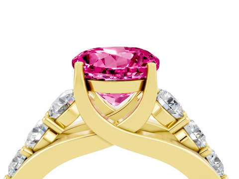 Yellow gold Round Cut Pink Sapphire Engagement Ring with Pavé Band and Four-Prong Setting_4
