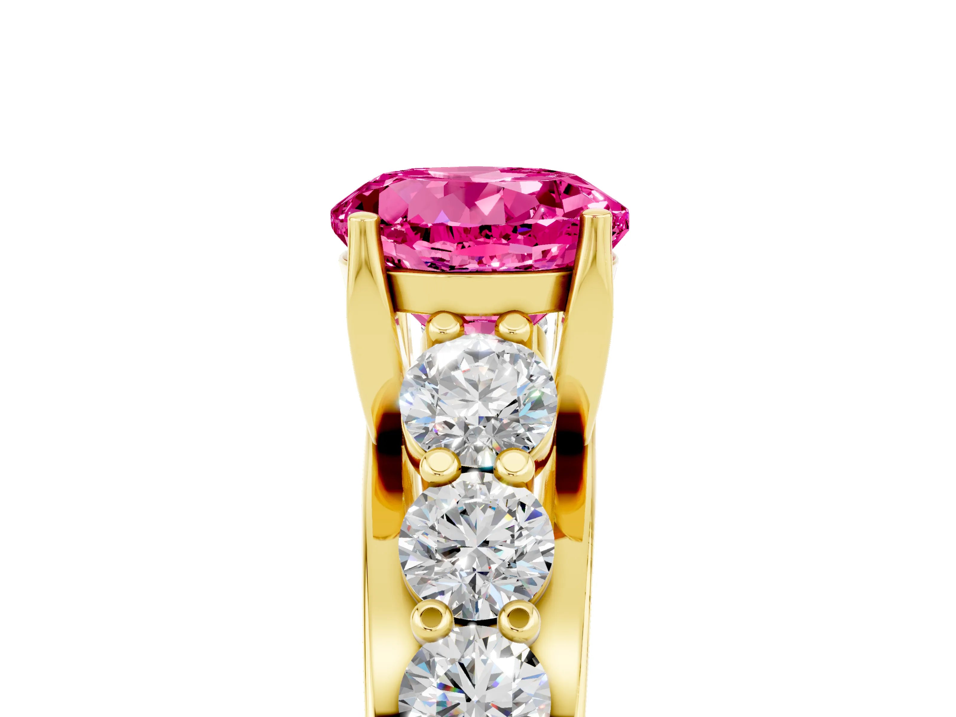 Yellow gold Round Cut Pink Sapphire Engagement Ring with Pavé Band and Four-Prong Setting_5
