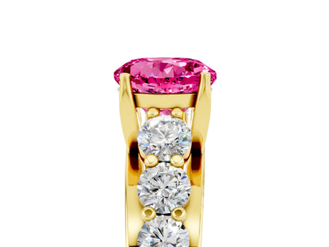 Yellow gold Round Cut Pink Sapphire Engagement Ring with Pavé Band and Four-Prong Setting_5