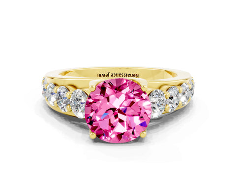 Yellow gold Round Cut Pink Sapphire Engagement Ring with Pavé Band and Four-Prong Setting