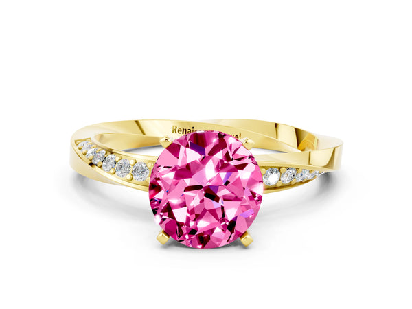 Yellow gold Round Cut Pink Sapphire Engagement Ring with Side Stone Accents and Four-Prong Setting
