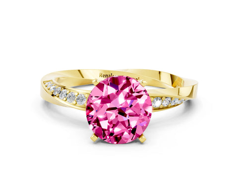Yellow gold Round Cut Pink Sapphire Engagement Ring with Side Stone Accents and Four-Prong Setting_51
