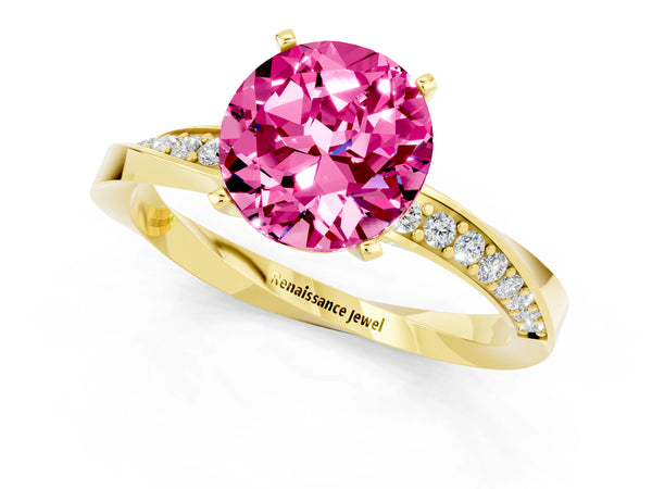 Yellow gold Round Cut Pink Sapphire Engagement Ring with Side Stone Accents and Four-Prong Setting