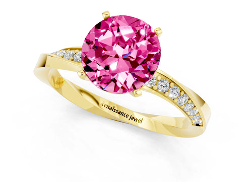 Yellow gold Round Cut Pink Sapphire Engagement Ring with Side Stone Accents and Four-Prong Setting_52