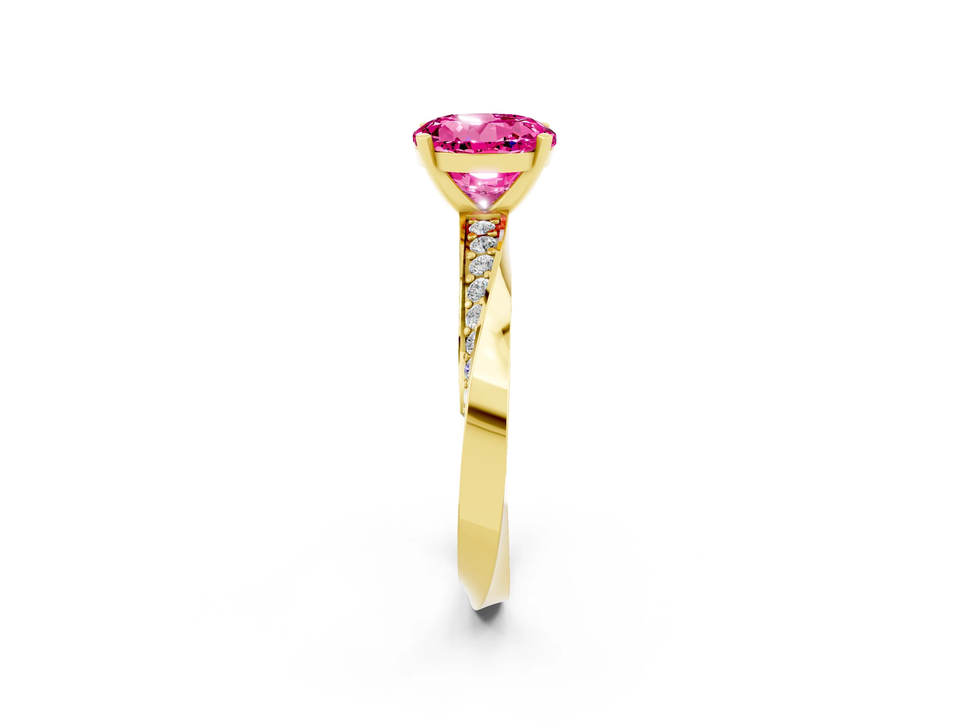 Yellow gold Round Cut Pink Sapphire Engagement Ring with Side Stone Accents and Four-Prong Setting_53