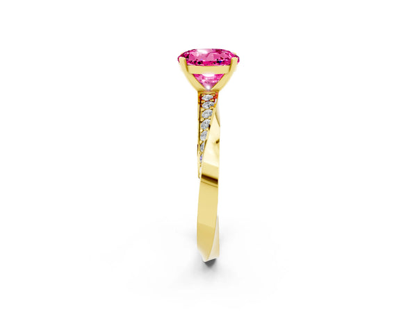 Yellow gold Round Cut Pink Sapphire Engagement Ring with Side Stone Accents and Four-Prong Setting
