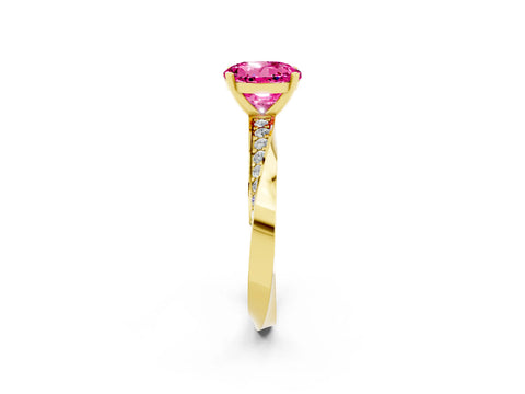Yellow gold Round Cut Pink Sapphire Engagement Ring with Side Stone Accents and Four-Prong Setting_53