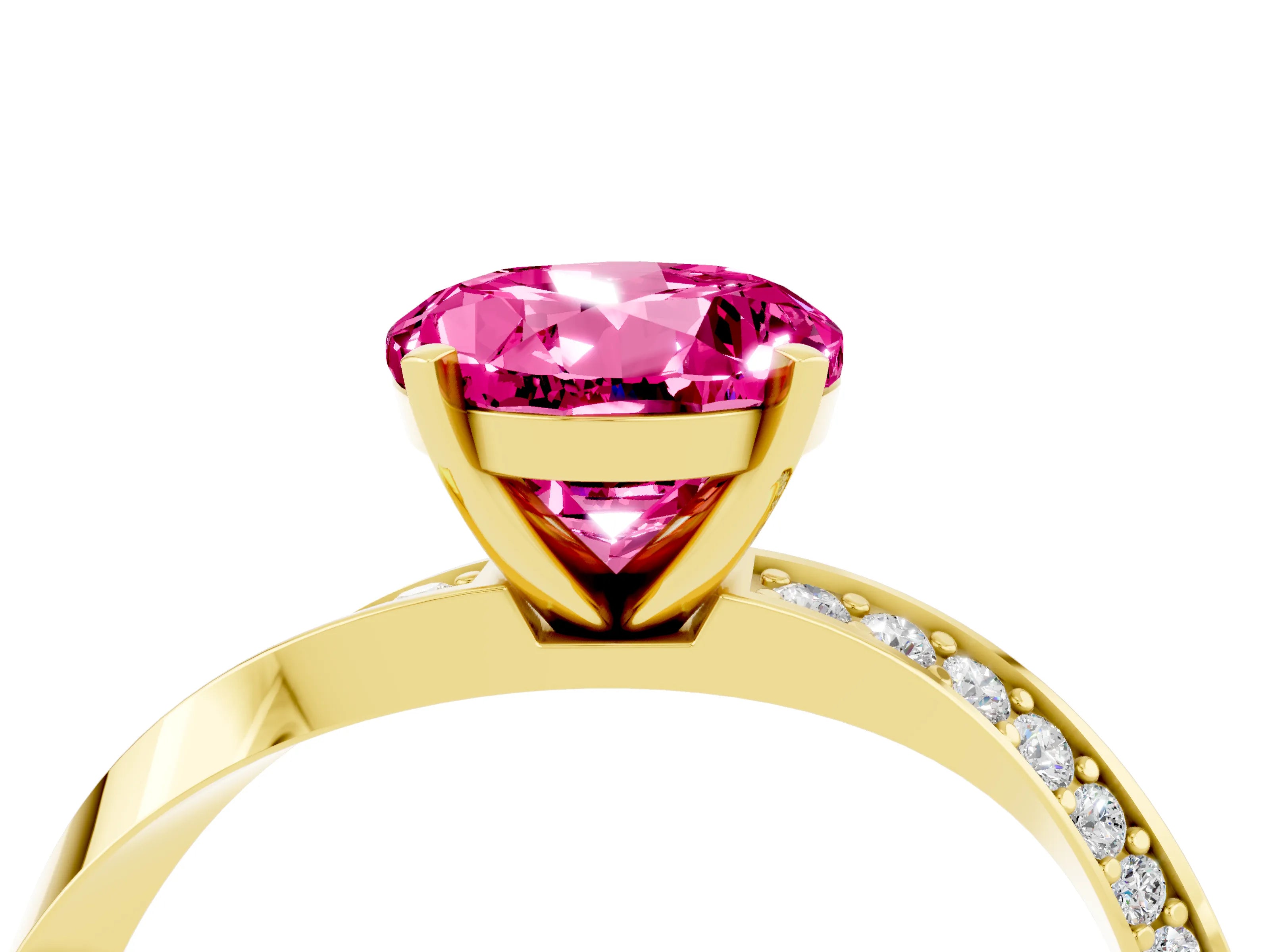 Yellow gold Round Cut Pink Sapphire Engagement Ring with Side Stone Accents and Four-Prong Setting_55