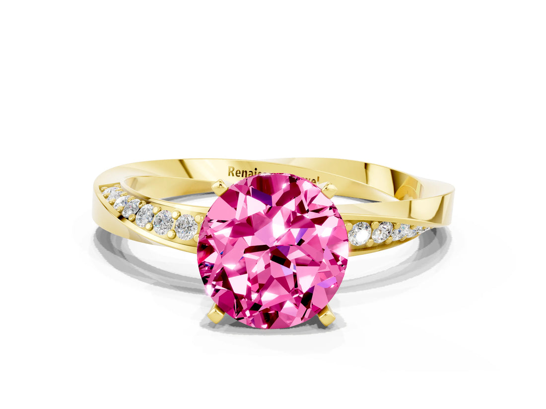 Yellow gold Round Cut Pink Sapphire Engagement Ring with Side Stone Accents and Four-Prong Setting_60