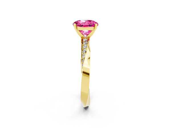 Yellow gold Round Cut Pink Sapphire Engagement Ring with Side Stone Accents and Four-Prong Setting
