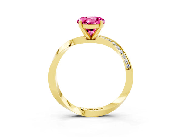 Yellow gold Round Cut Pink Sapphire Engagement Ring with Side Stone Accents and Four-Prong Setting