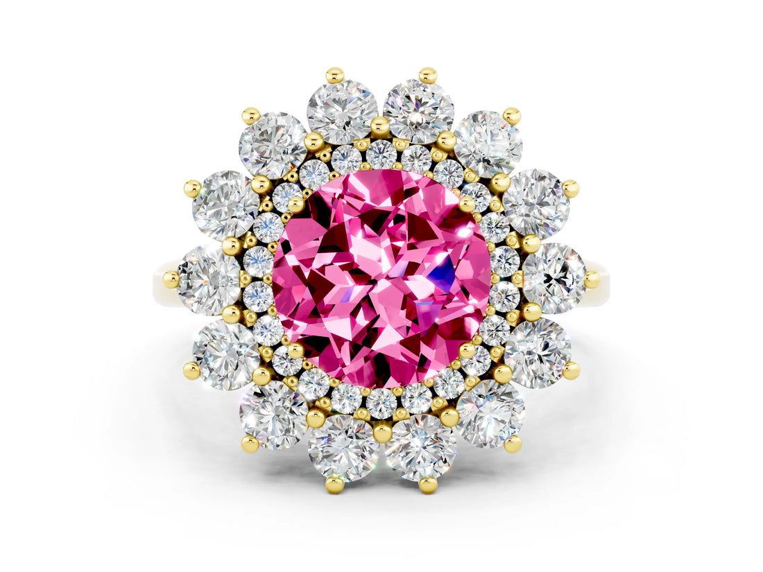 Yellow gold Round Cut Pink Sapphire Floral Double Halo Engagement Ring with Prong Setting_72