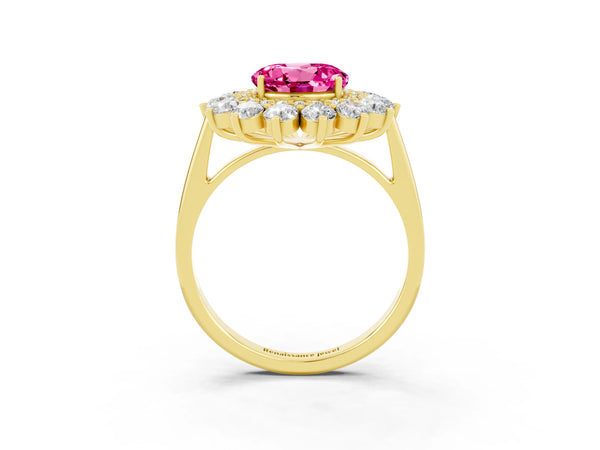 Yellow Gold Round Lab-Grown Pink Sapphire Floral Double Halo Engagement Ring with Plain Band