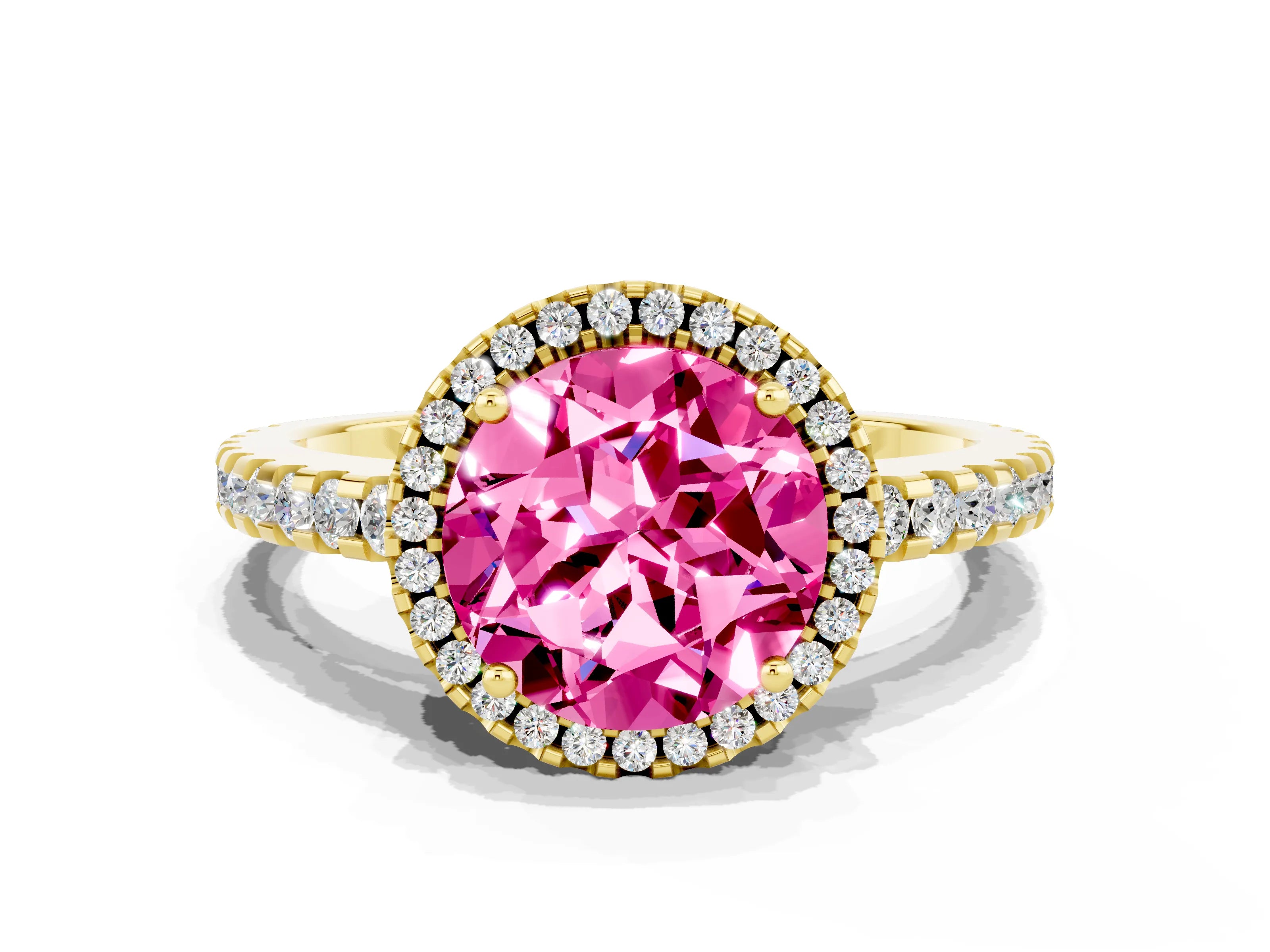 Yellow gold Round Cut Pink Sapphire Halo Engagement Ring with Pavé Band and Prong Setting_12