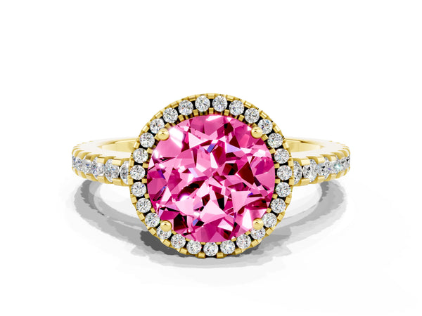 Yellow gold Round Cut Pink Sapphire Halo Engagement Ring with Pavé Band and Prong Setting
