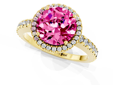 Yellow gold Round Cut Pink Sapphire Halo Engagement Ring with Pavé Band and Prong Setting_13