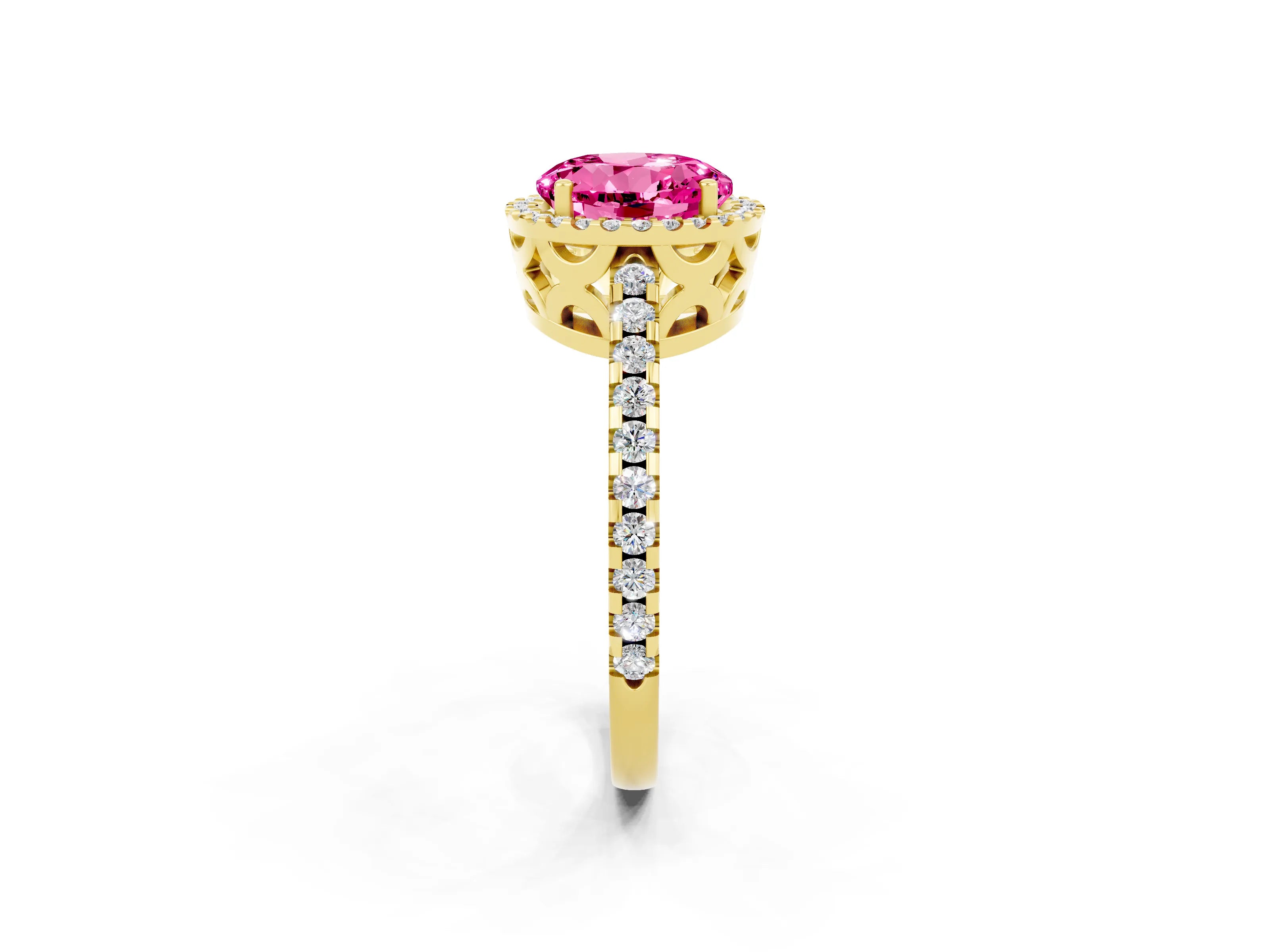 Yellow gold Round Cut Pink Sapphire Halo Engagement Ring with Pavé Band and Prong Setting_14