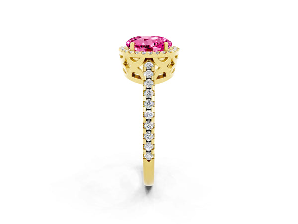 Yellow gold Round Cut Pink Sapphire Halo Engagement Ring with Pavé Band and Prong Setting