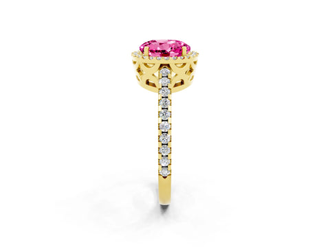 Yellow gold Round Cut Pink Sapphire Halo Engagement Ring with Pavé Band and Prong Setting_14