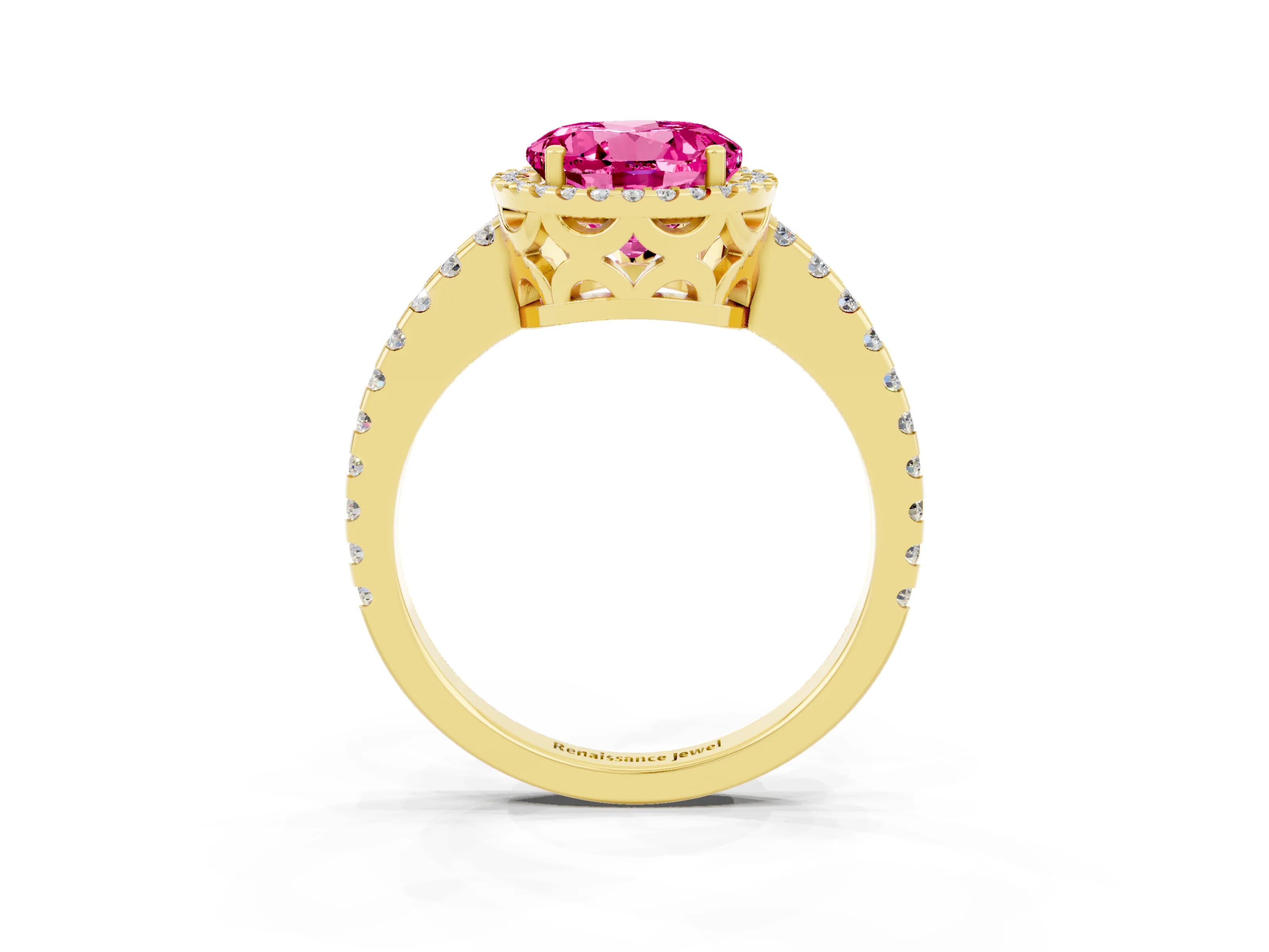 Yellow gold Round Cut Pink Sapphire Halo Engagement Ring with Pavé Band and Prong Setting_15