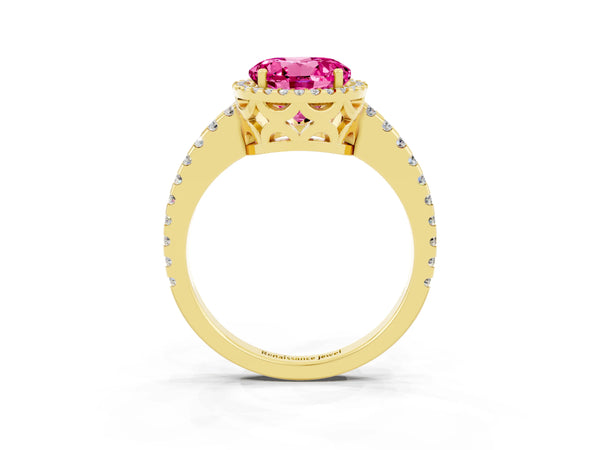 Yellow gold Round Cut Pink Sapphire Halo Engagement Ring with Pavé Band and Prong Setting
