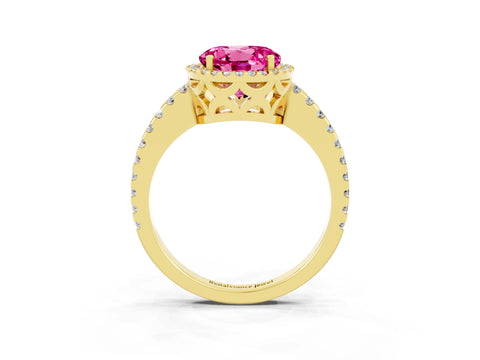 Yellow gold Round Cut Pink Sapphire Halo Engagement Ring with Pavé Band and Prong Setting_15
