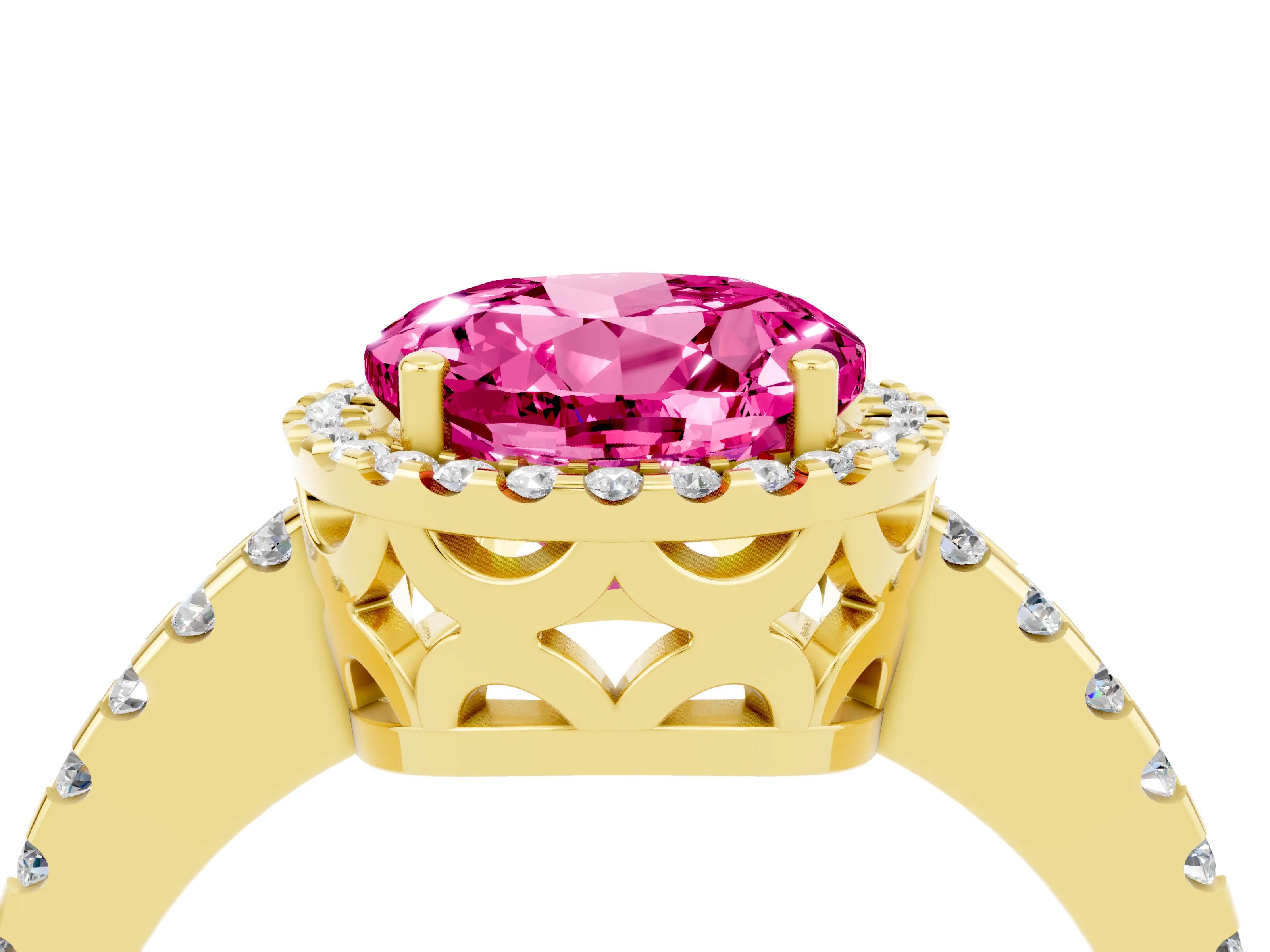 Yellow gold Round Cut Pink Sapphire Halo Engagement Ring with Pavé Band and Prong Setting_16