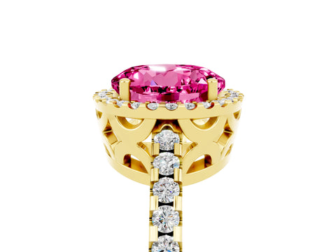 Yellow gold Round Cut Pink Sapphire Halo Engagement Ring with Pavé Band and Prong Setting_17