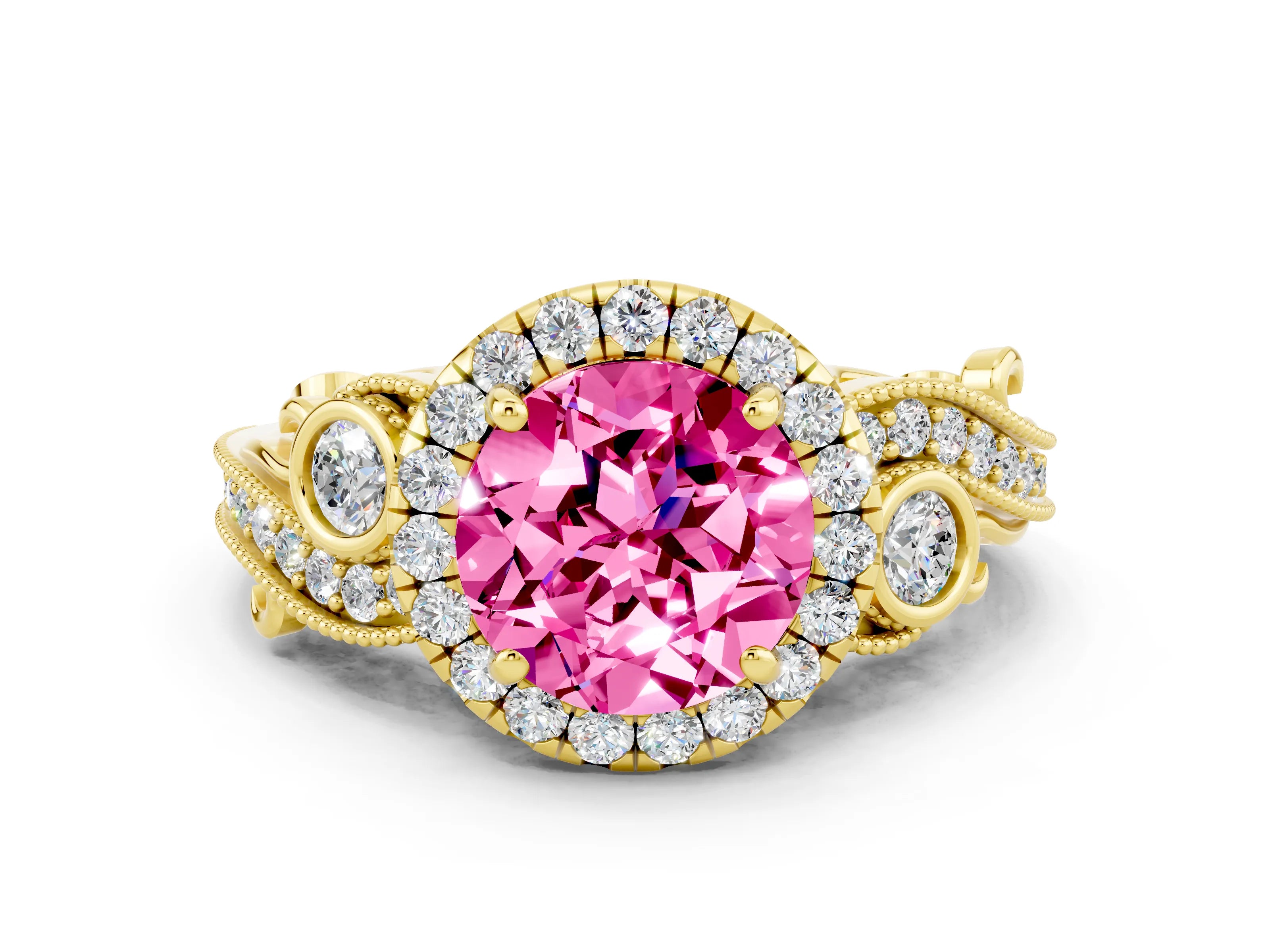 Yellow gold Round Cut Pink Sapphire Halo Ring with Milgrain Pavé Band and Four-Prong Setting_12