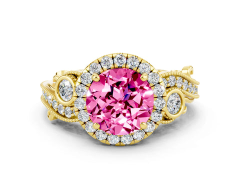 Yellow gold Round Cut Pink Sapphire Halo Ring with Milgrain Pavé Band and Four-Prong Setting_12