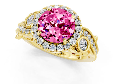 Yellow gold Round Cut Pink Sapphire Halo Ring with Milgrain Pavé Band and Four-Prong Setting_13